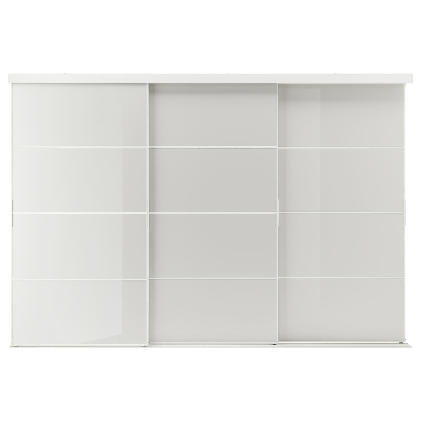 IKEA SKYTTA / HOKKSUND Kombinacja drzwi przesuwnych, biały/wysoki połysk jasnoszary, 301x205 cm
