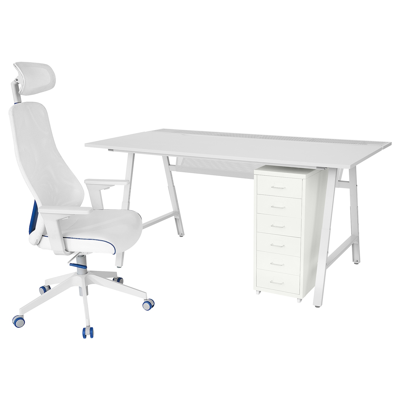 IKEA UTESPELARE / MATCHSPEL Biurko, krzesło i komoda gamingowe, Jasnoszary/biały, Maksymalna wysokość siedziska: 59 cm