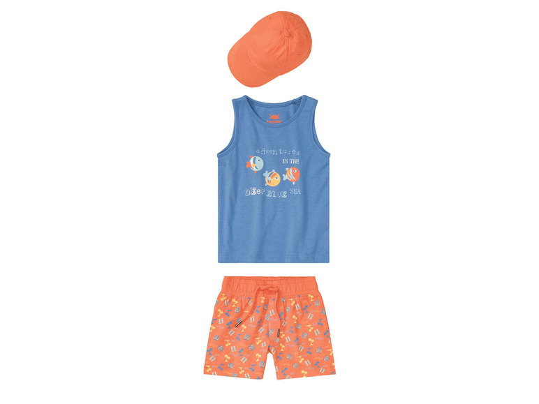 lupilu Komplet chłopięcy koszulka + szorty + czapka, 3 elementy, 1 zestaw 98/104, Pomarańczowy/niebieski