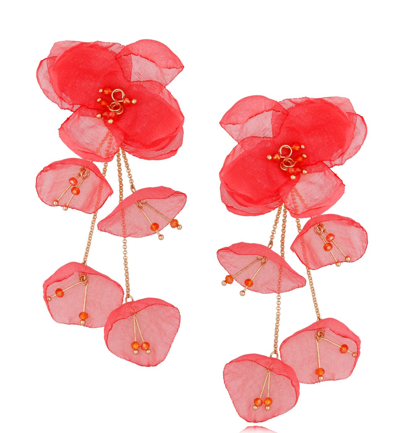 Kolczyki z szyfonu kwiaty jasno czerwone Aura - By Dziubeka