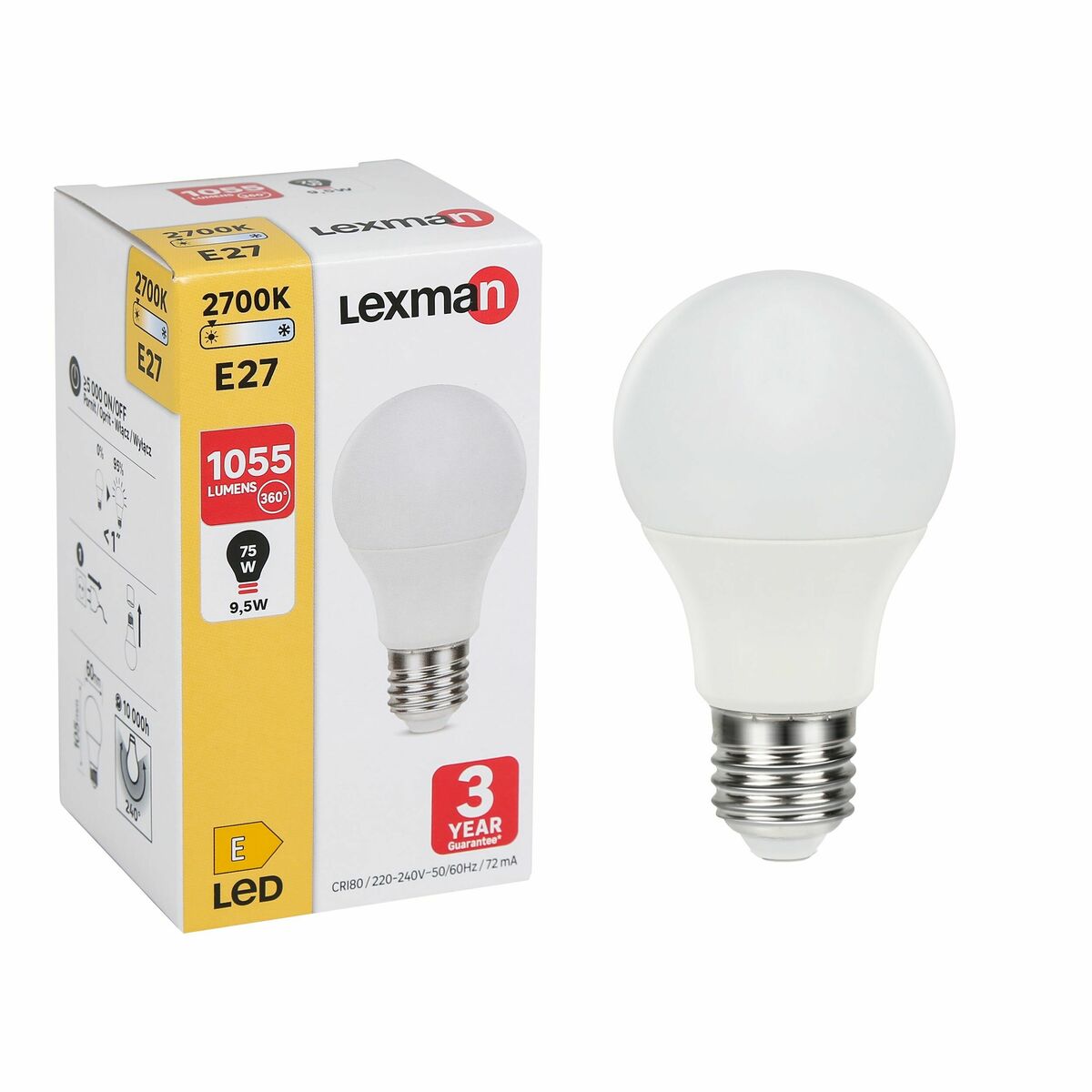 Żarówka LED E27 9.5 W = 75 W 1055 lm Ciepła biel Lexman