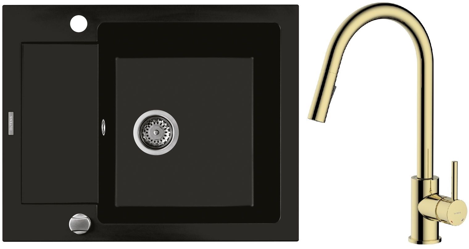 Zestaw Oltens Gravan zlewozmywak granitowy 1-komorowy 62x50 cm z baterią kuchenną Litla czarny mat/złoty połysk (72102300, 35204800) - Wysyłka w 24h