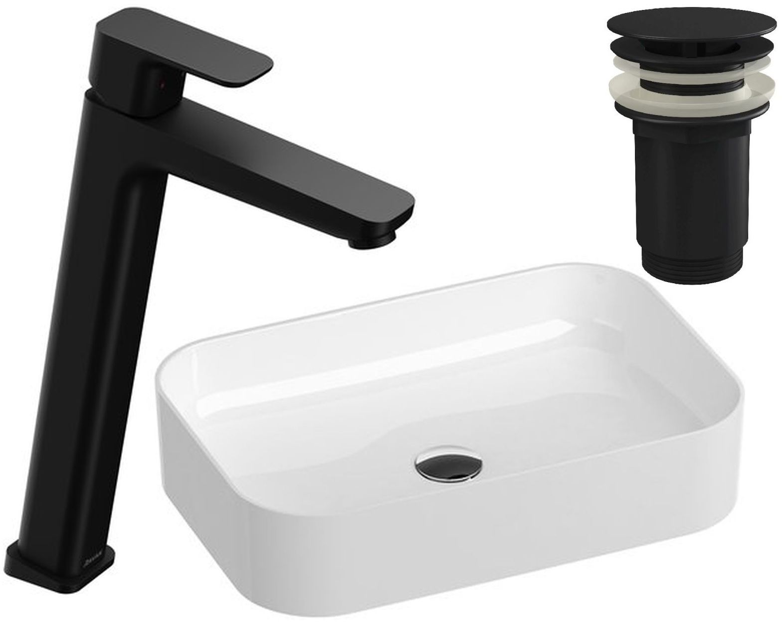 Zestaw Ravak Ceramic Slim R umywalka z baterią stojącą 10° Free Black i korkiem czarny mat (XJX01155002, X01762, X070151)