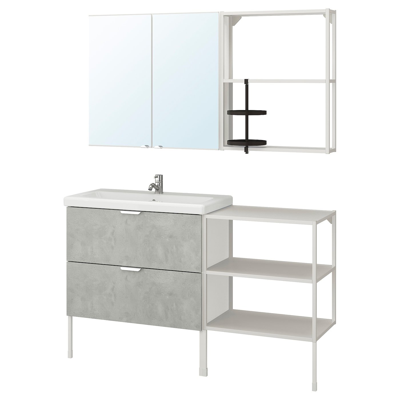 IKEA ENHET / TVÄLLEN Meble łazienkowe, zest. 15 szt, imitacja betonu/biały bateria Pilkån, 142x43x87 cm