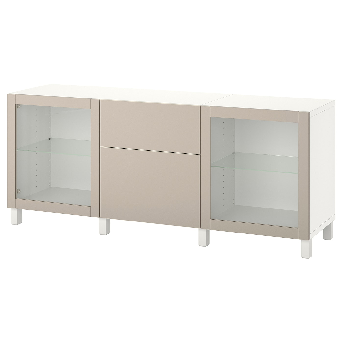 IKEA BESTÅ Kombinacja z szufladami, Biały Lappviken/Stubbarp/jasny szaro-beżowy szkło bezbarwne, 180x42x74 cm