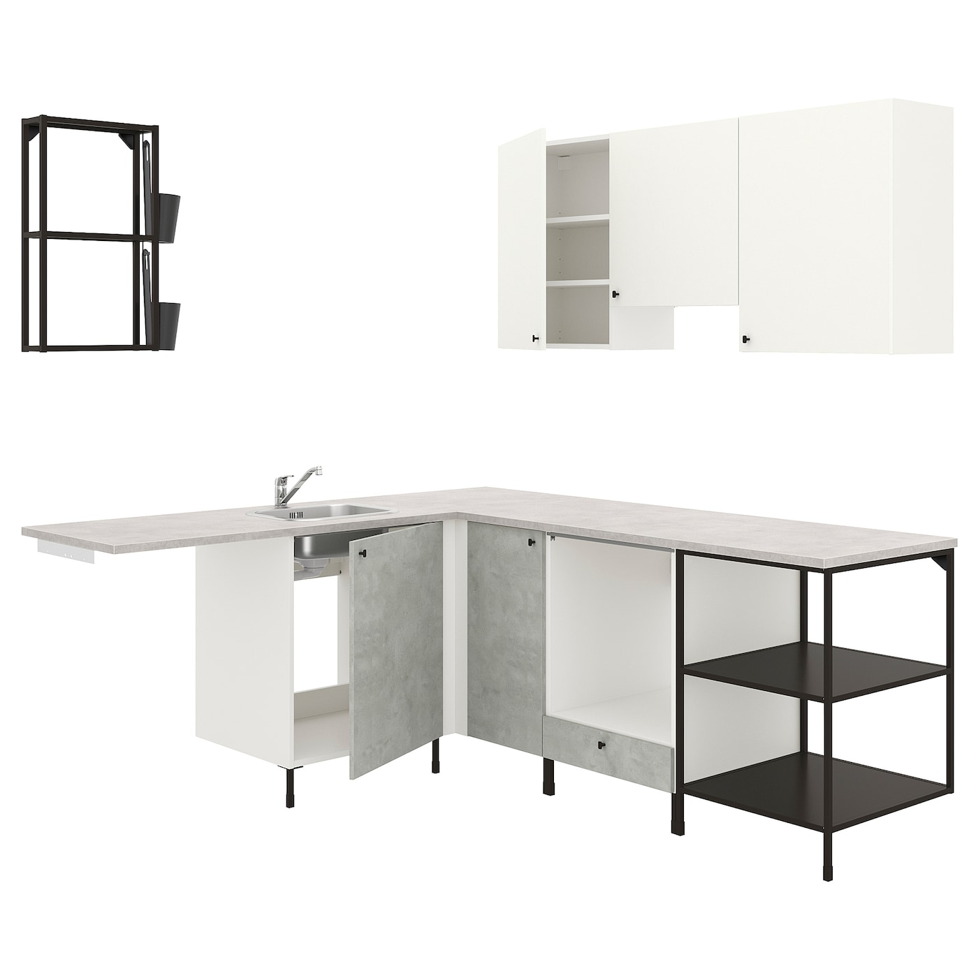 IKEA ENHET Kuchnia narożna, antracyt/imitacja betonu biały, Szerokość po lewej: 190.5 cm