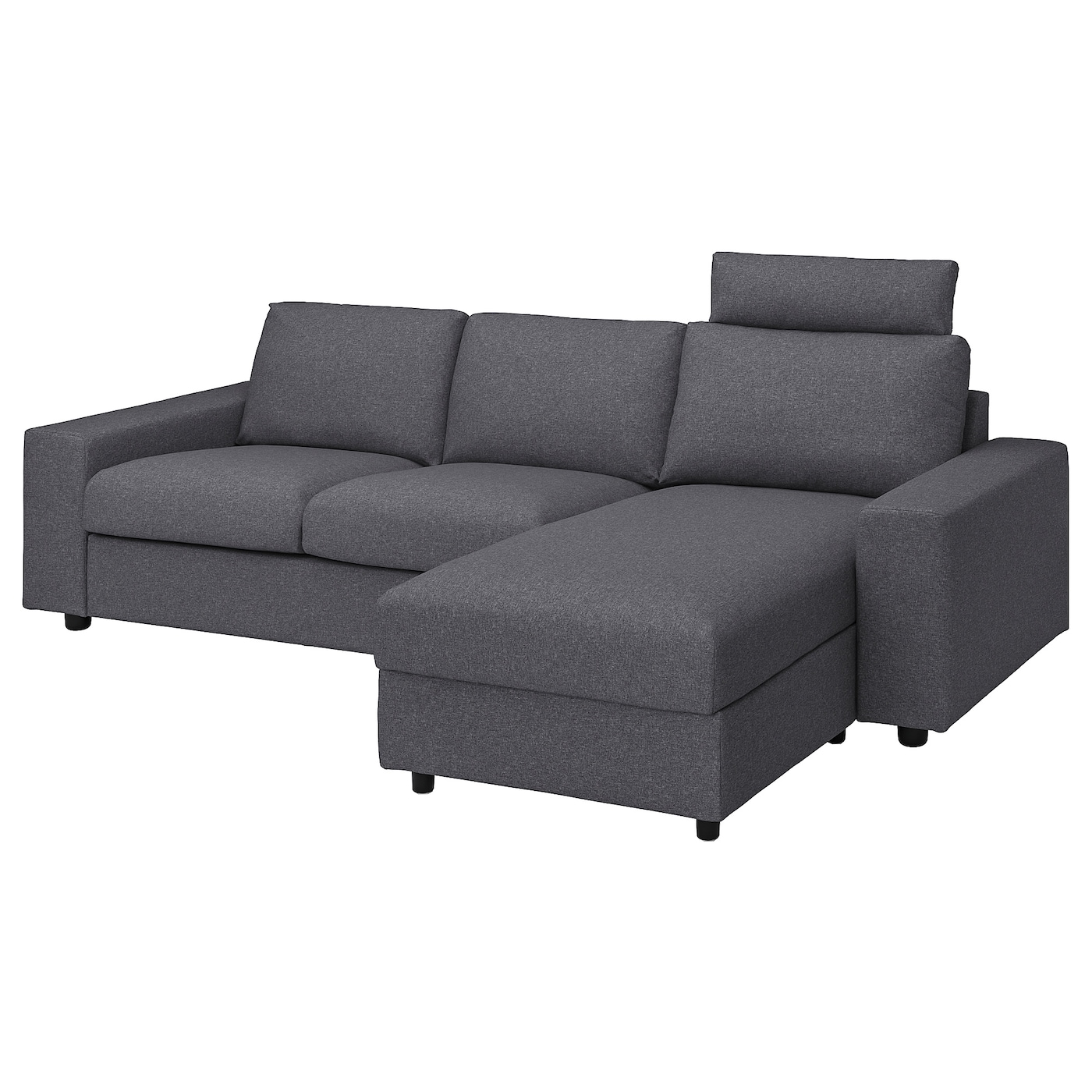 IKEA VIMLE Sofa 3-osobowa z szezlongiem, z zagłówkiem z szerokimi podłokietnikami/Gunnared średnioszary, Wysokość z zagłówkiem: 103 cm