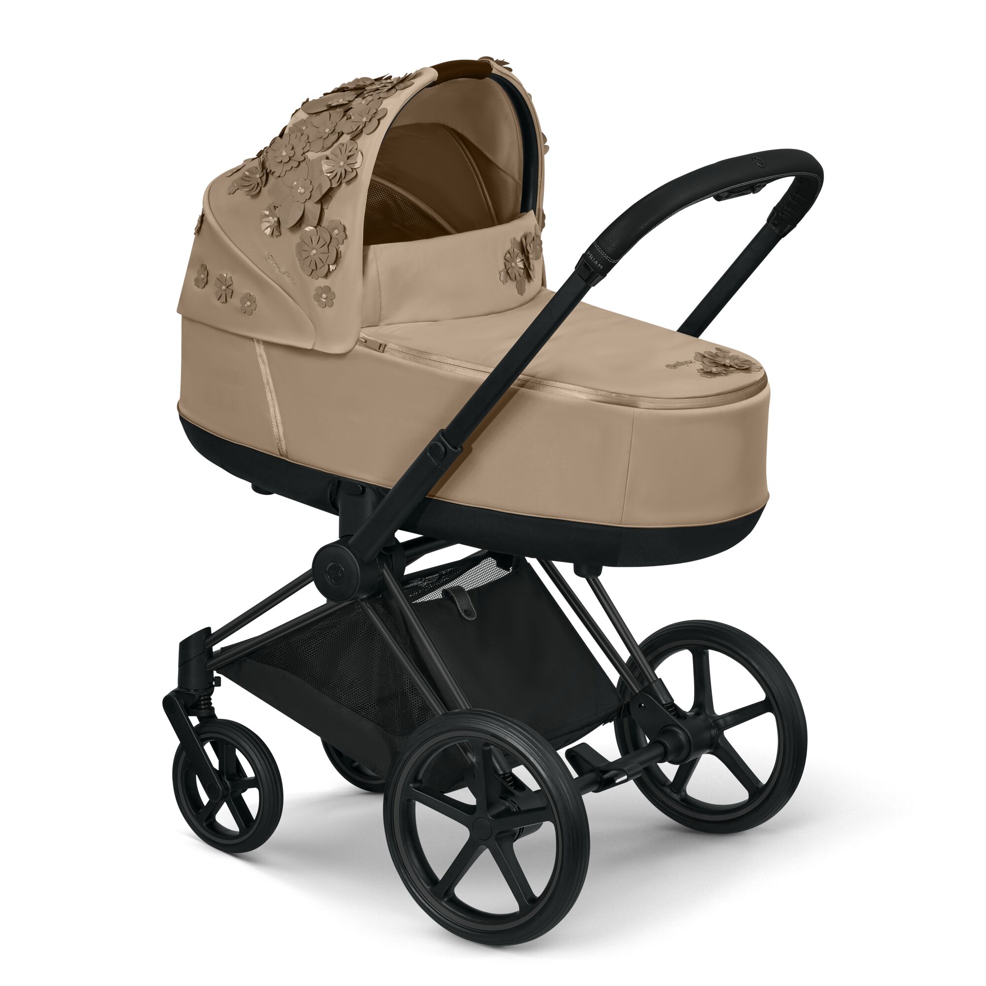 Cybex, Priam 2.0 Fashion Collection - wózek głęboko-spacerowy -Simply Flowers Nude Beige-Chrome z brązową rączką