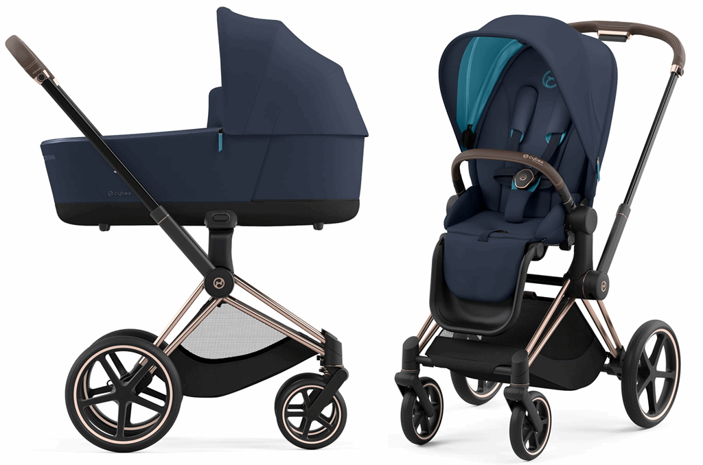 Cybex Priam 4.0 - wózek spacerowy z gondolą Lux-Nautical Blue-Chrome z brązową rączką