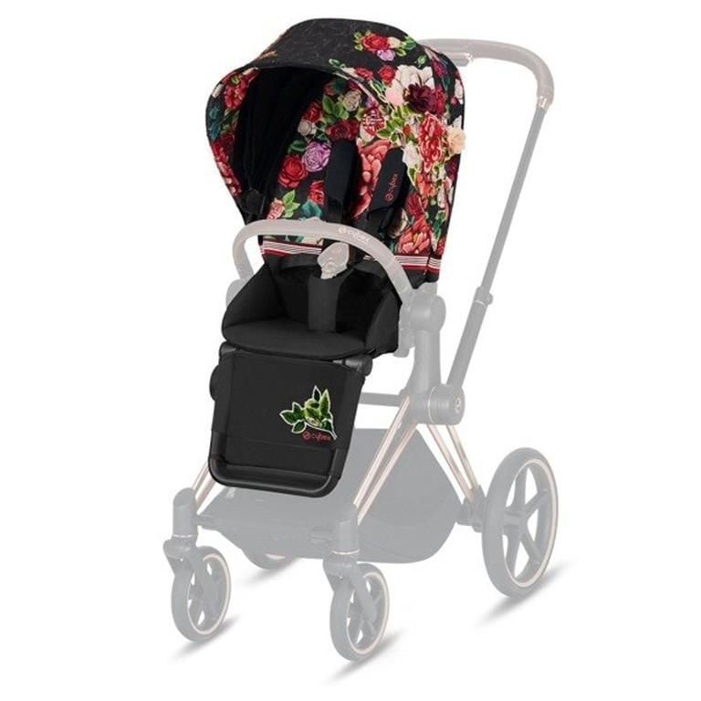 Cybex, Priam 2.0 Fashion Collection - wózek spacerowy -Spring Blossom Dark-Chrome z brązową rączką