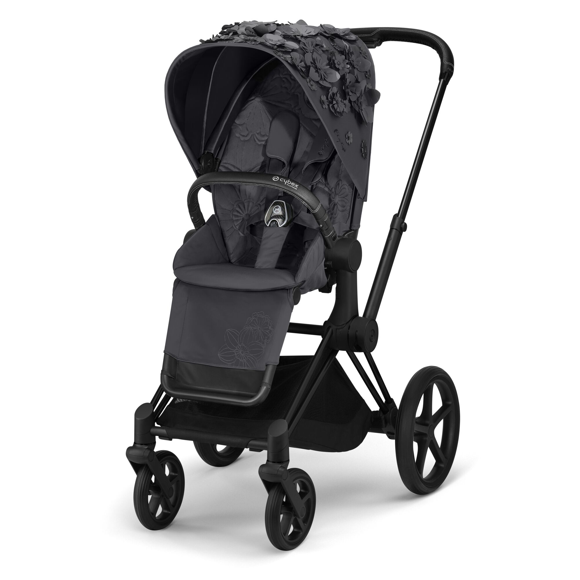 Cybex, Priam 2.0 Fashion Collection - wózek spacerowy -Simply Flowers Dream Grey-Chrome z brązową rączką