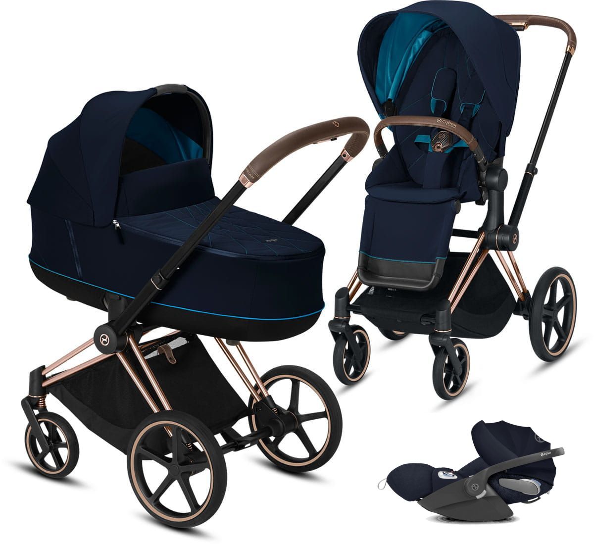 Cybex, Priam 2.0 + Cloud Z i-Size + dodatkowy Seat Pack - wózek głęboko-spacerowy z fotelikiem i dodatkową tapicerką gratis!!!-Nautical Blue-Rose Gold