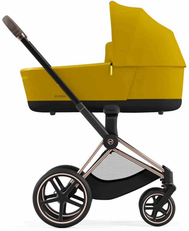 Cybex Priam 4.0 - rama ze stelażem siedziska i z gondolą Lux-Mustard Yellow-Chrome z brązową rączką