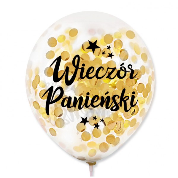 BALON PRZEŹROCZYSTY "WIECZÓ PANIEŃSKI" + KONFETTI Złote, 5szt.