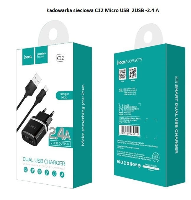 HOCO Ładowarka sieciowa+kabel 2USB 2.4A C12 Micro USB Czarny/Black