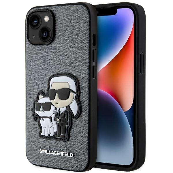 Etui Karl Lagerfeld na iPhone 14 z serii Saffiano Karl & Choupette - srebrne