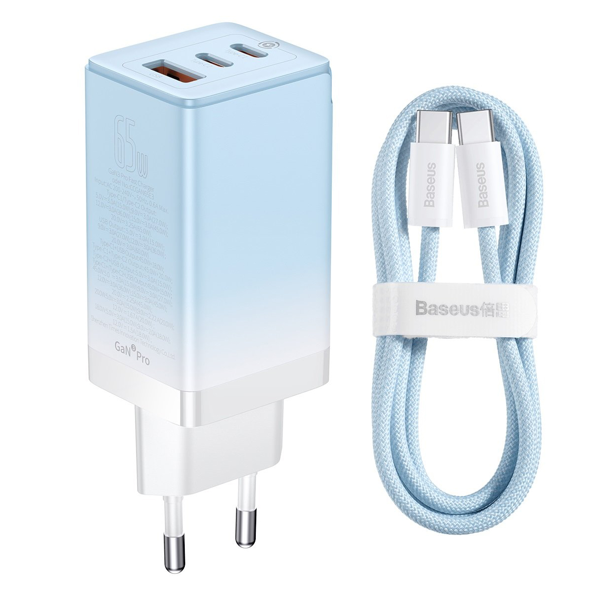 Baseus szybka ładowarka sieciowa GaN 2 x USB Typ C / USB 65W QC PD niebieski (CCGP050103) + kabel szybkiego ładowania USB Typ C 100W 1m niebieski