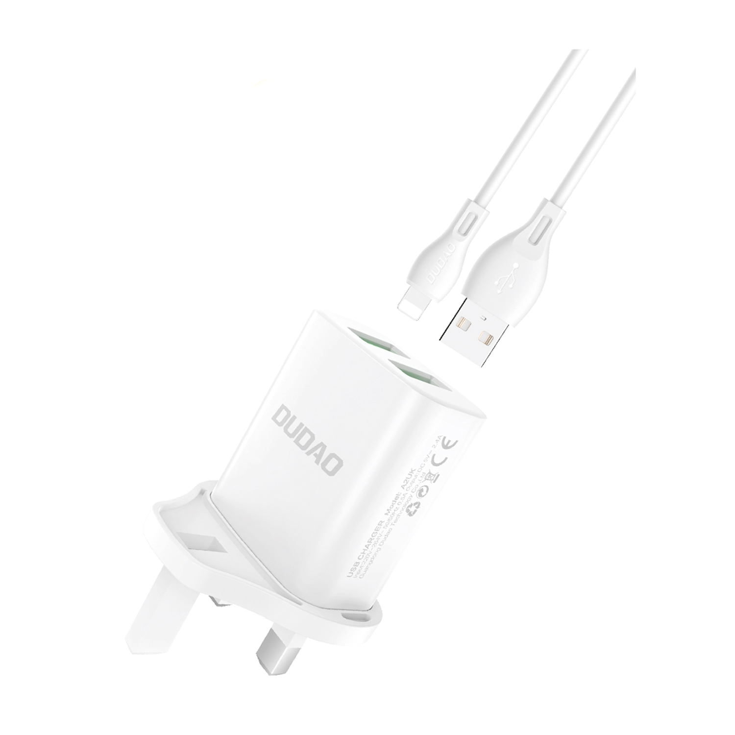 Dudao ładowarka sieciowa wtyczka UK (Wielka Brytania) 2xUSB-A 2.4A biała + kabel USB-A - Lightning biały