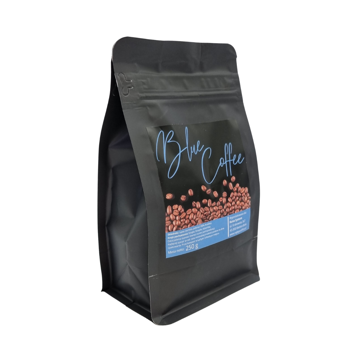 Kawa Blue Coffee, mix kawy Arabica 100%. Wyjątkowy smak i idealne połączenie z czystą wodą. Opakowanie 250 gram.