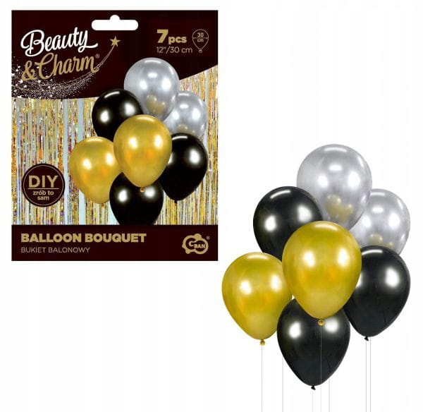 Bukiet balonowy B&C złoto-srebrno-czarny, 7 sztuk
