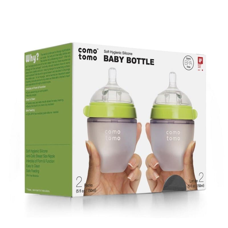 COMOTOMO, 2 antykolkowe butelki silikonowe MOM'S BREAST 150 ml Green NEWBORN 2 pack