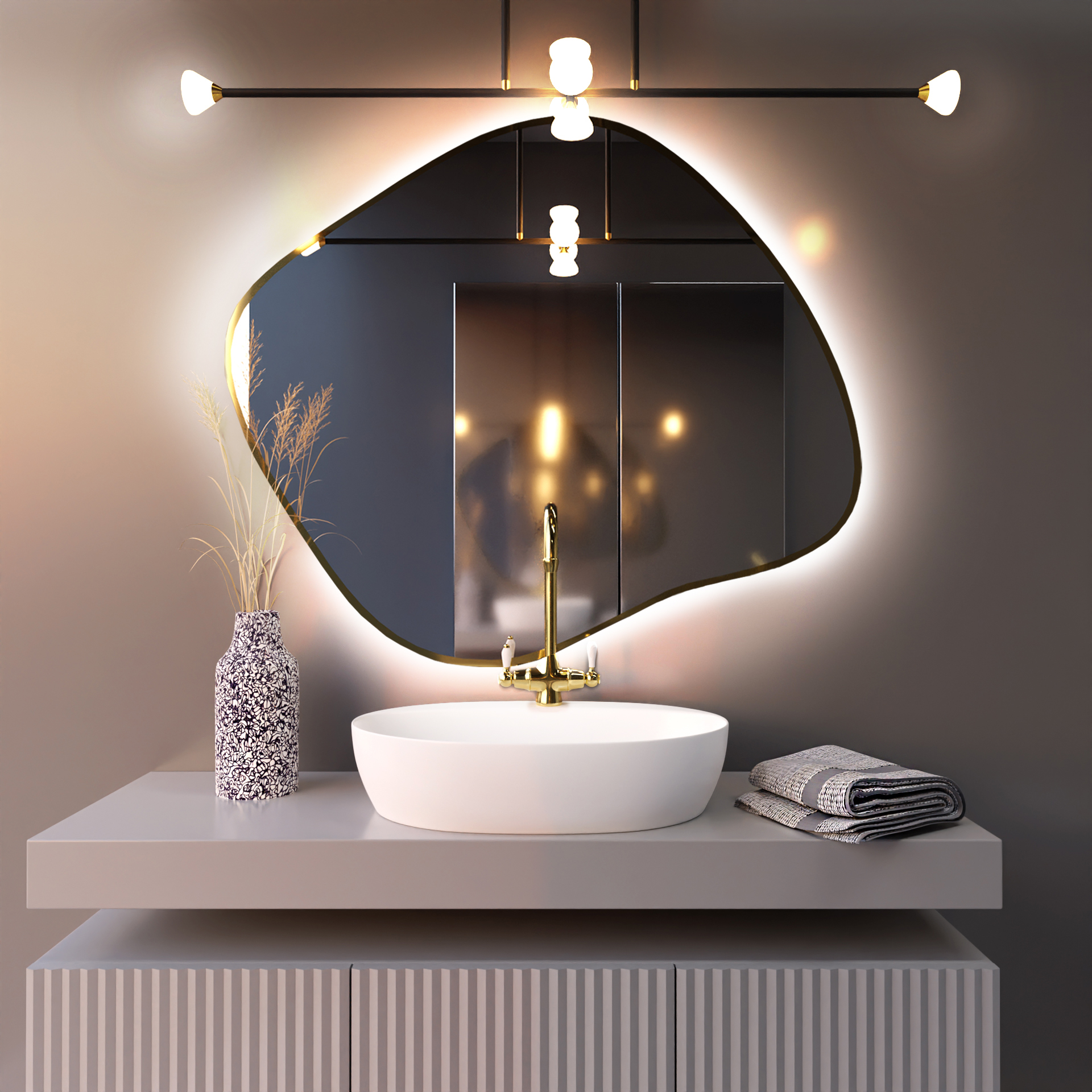Baltica Design Bright Stain III lustro 70x60 cm złote barwa światła zimna z matą grzewczą