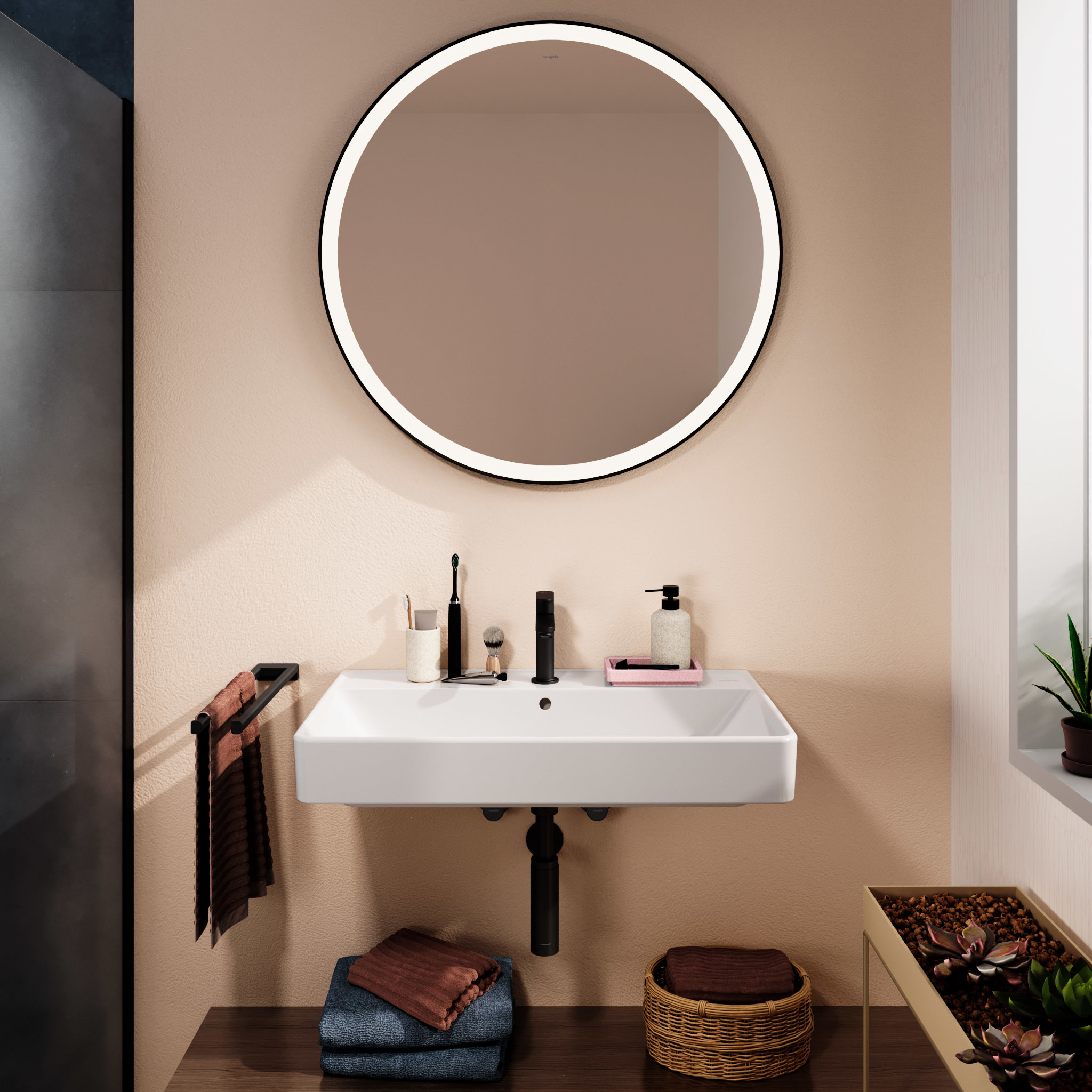 Hansgrohe Xarita Lite S lustro 90x90 cm okrągłe z oświetleniem czarny mat 54980670