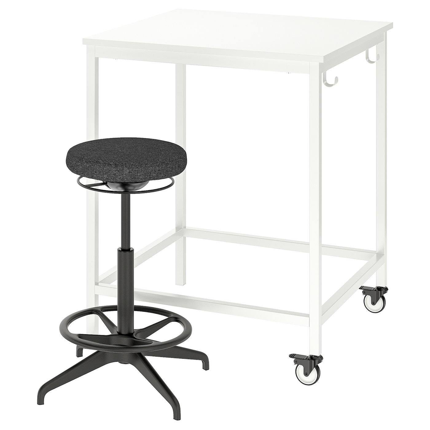 IKEA TROTTEN/LIDKULLEN stół + stołek do siedzenia/stania, biały/ciemnoszary