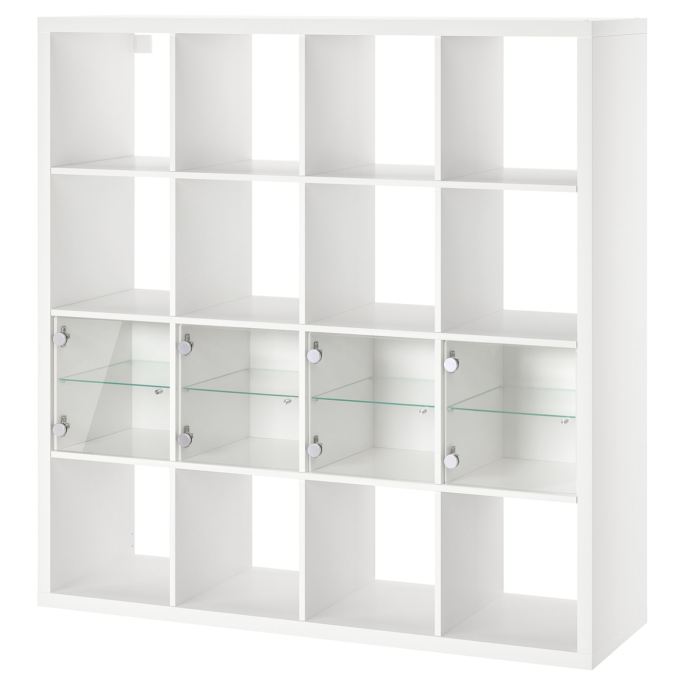 IKEA KALLAX regał z 4 wkładami, biały/szkło, 147x147 cm