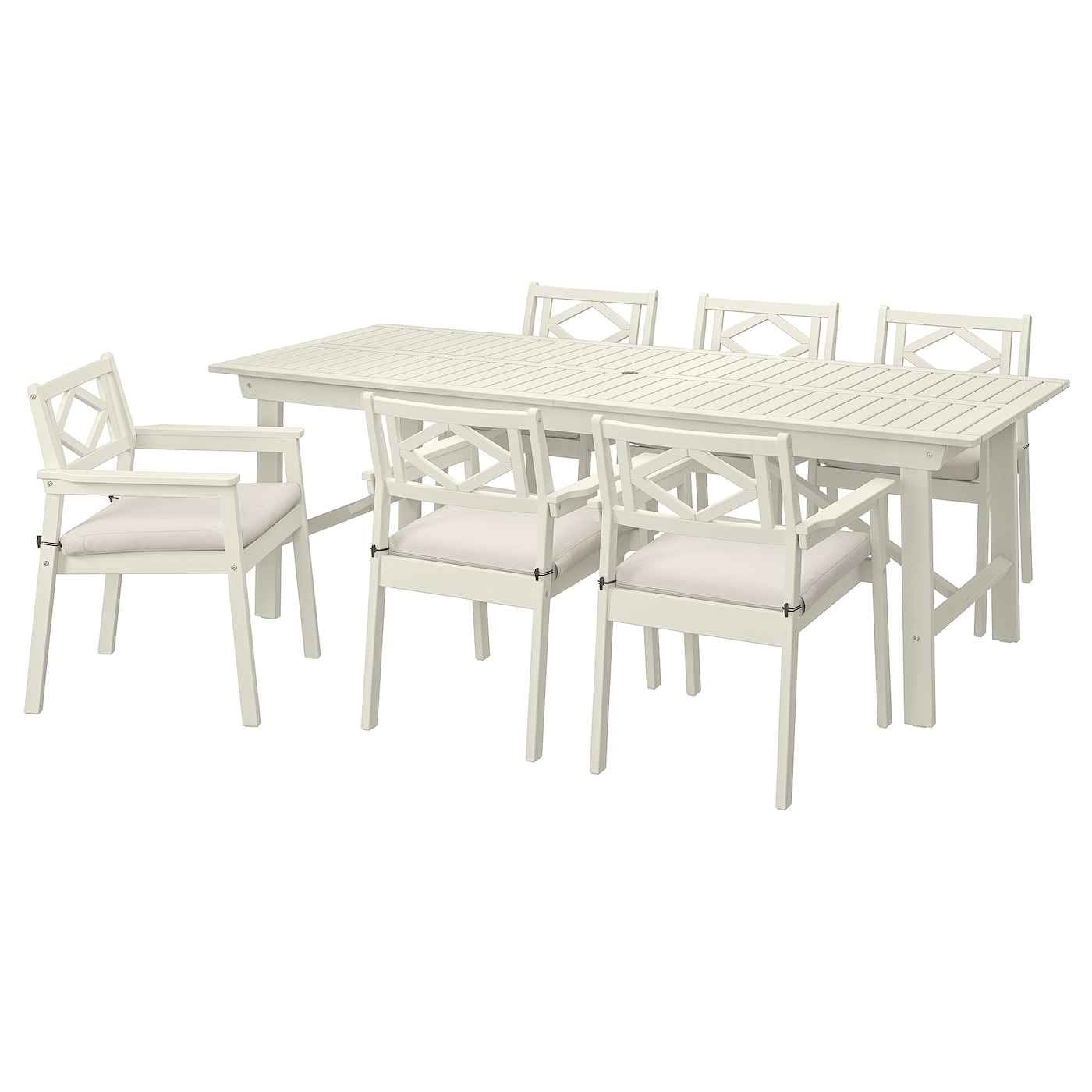 IKEA BONDHOLMEN stół+6 krzeseł z podłok, na zew, Bondholmen biały/beżowy/Frösön/Duvholmen beżowy, Długość stołu: 235 cm