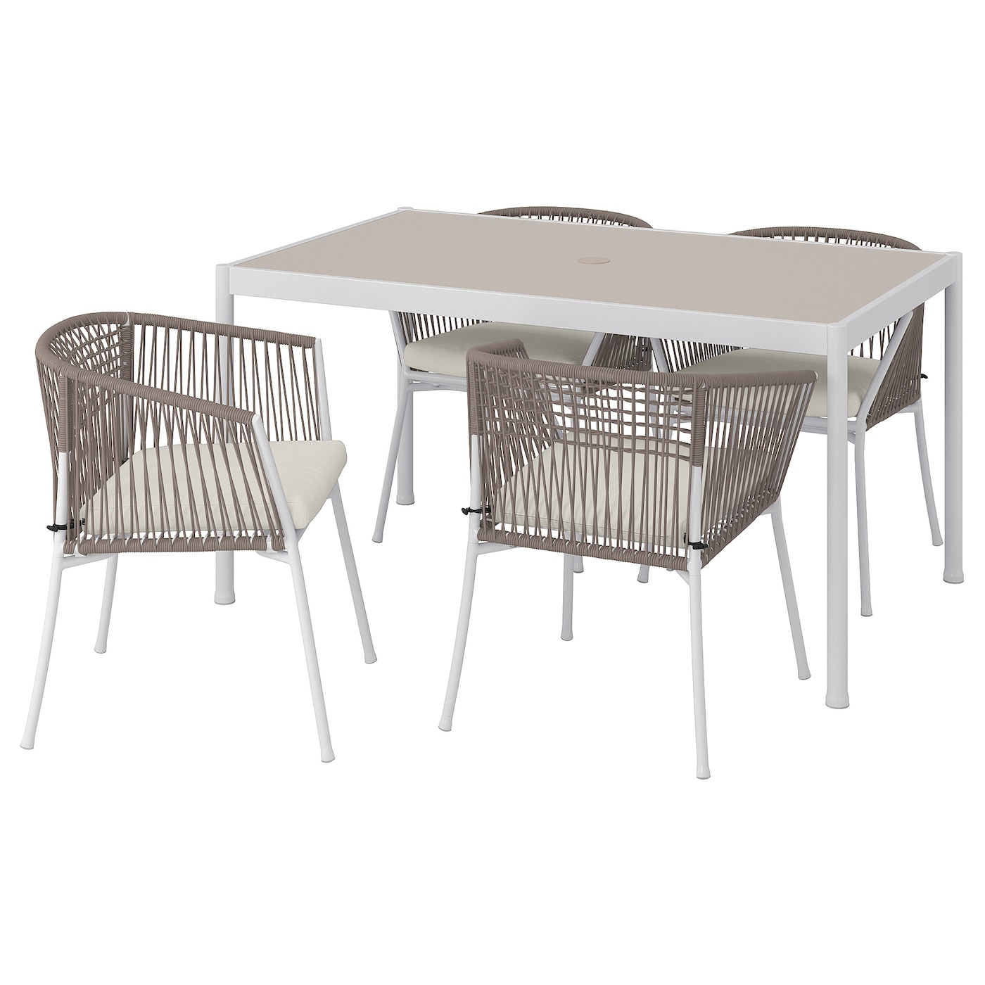 IKEA SEGERÖN stół + 4 krzesła z podłokietnikami, Segerön zewnętrzne biały/beżowy/Frösön/Duvholmen beżowy, 147 cm