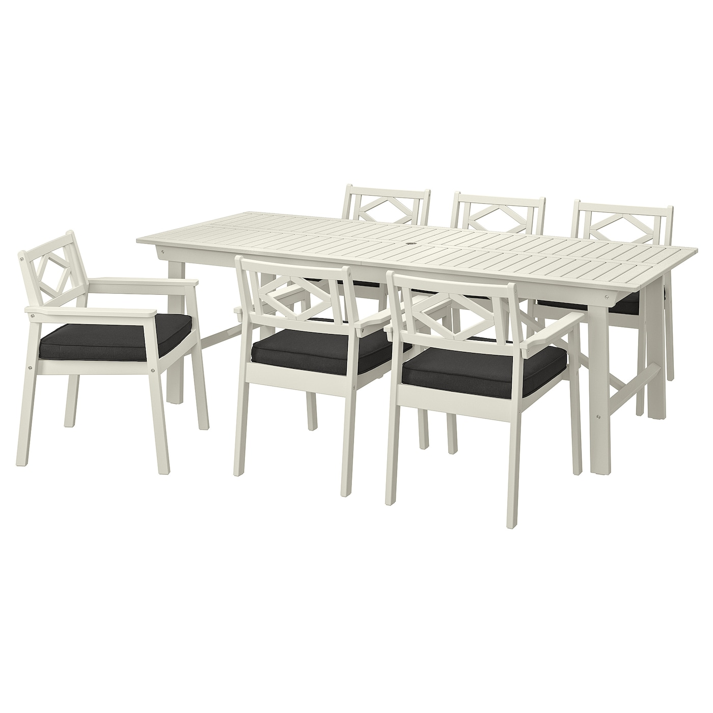 IKEA BONDHOLMEN stół+6 krzeseł z podłok, na zew, Bondholmen biały/beżowy/Järpön/Duvholmen antracyt, Długość stołu: 235 cm