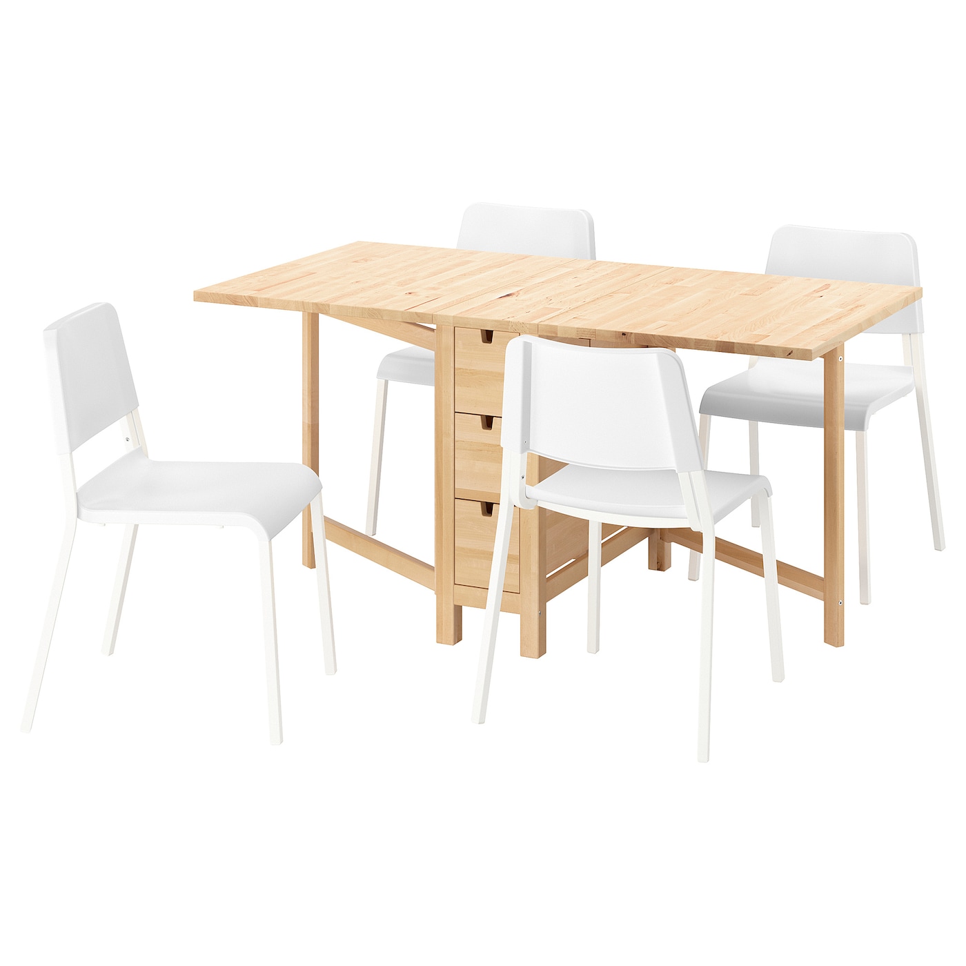 IKEA NORDEN / TEODORES stół i 4 krzesła, brzoza/biały, 26/89/152 cm