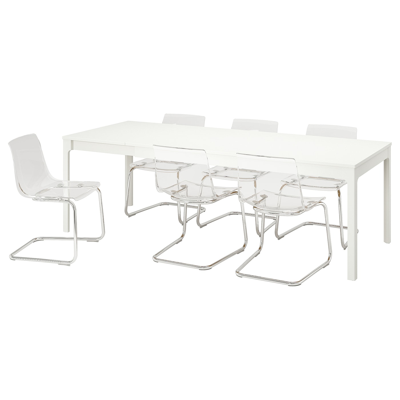 IKEA EKEDALEN / TOBIAS stół i 6 krzeseł, biały/przezroczysty chrom, 180/240 cm