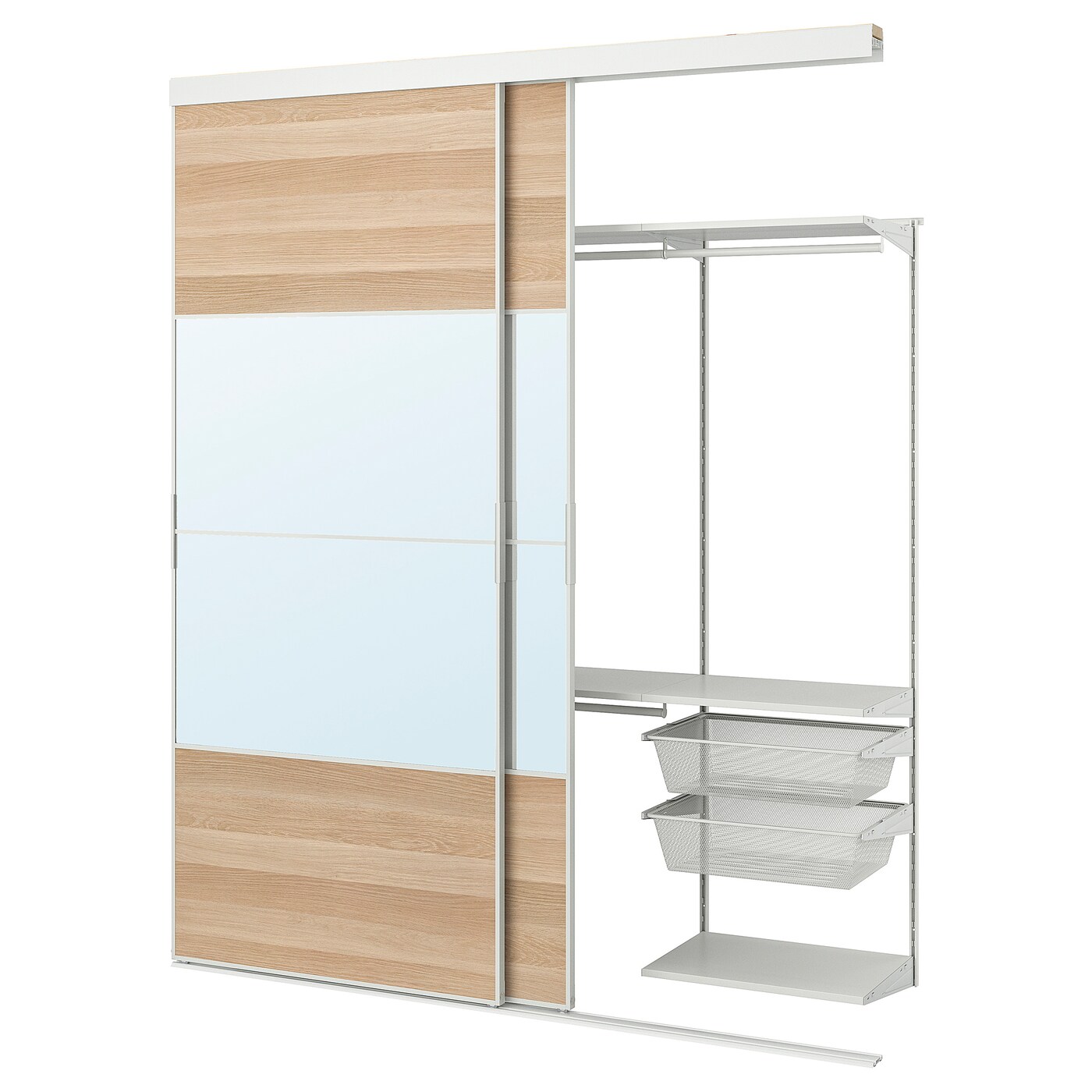 IKEA SKYTTA / BOAXEL szafa z drzwiami przesuwnymi, biały Mehamn/Auli/imitacja dębu bejcowanego na biało lustro, 202x65x240 cm