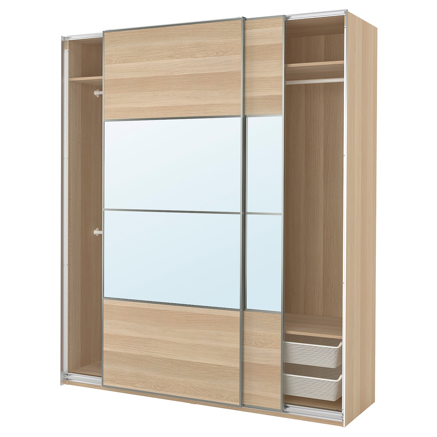IKEA PAX / MEHAMN/AULI szafa z przesuwanymi drzwiami, dąb bejcowany na biało 2str/dąb bejcowany na biało lustro, 200x66x236 cm