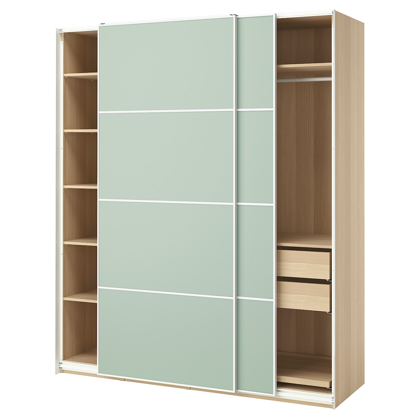 IKEA PAX / MEHAMN szafa z przesuwanymi drzwiami, imitacja dębu bejcowanego na biało/2str jasnozielony, 200x66x236 cm