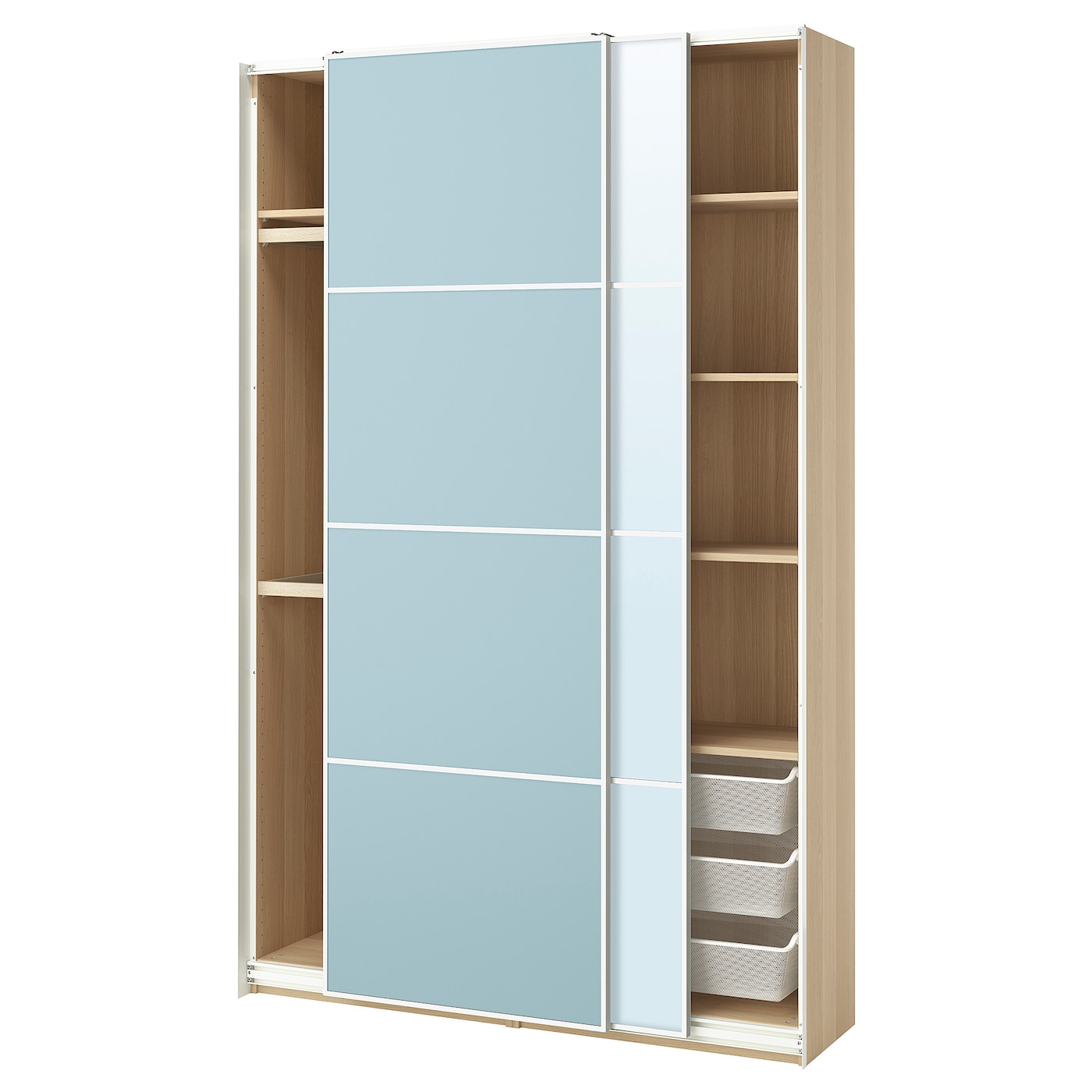 IKEA PAX / MEHAMN/AULI szafa z przesuwanymi drzwiami, imitacja dębu bejcowanego na biało 2str/jasnoniebieski lustro, 150x43x236 cm