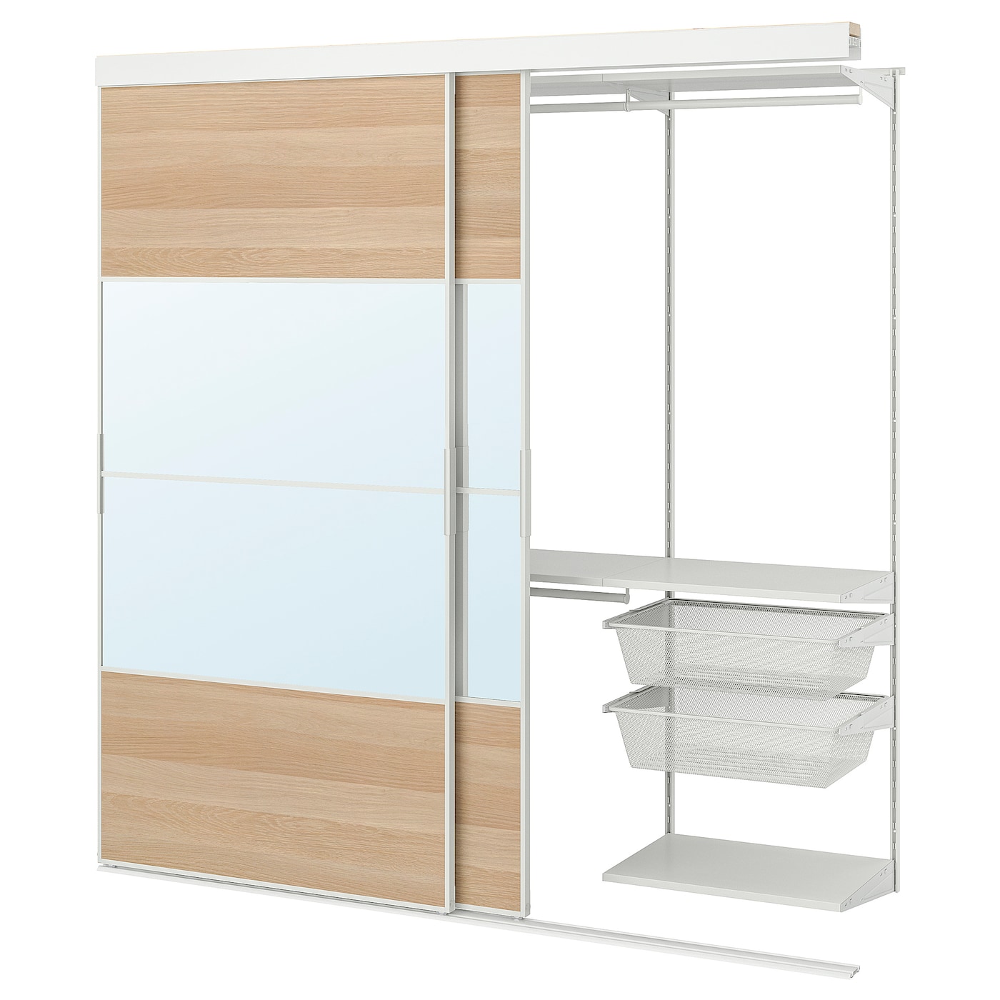 IKEA SKYTTA / BOAXEL szafa z drzwiami przesuwnymi, biały Mehamn/Auli/imitacja dębu bejcowanego na biało lustro, 202x65x205 cm