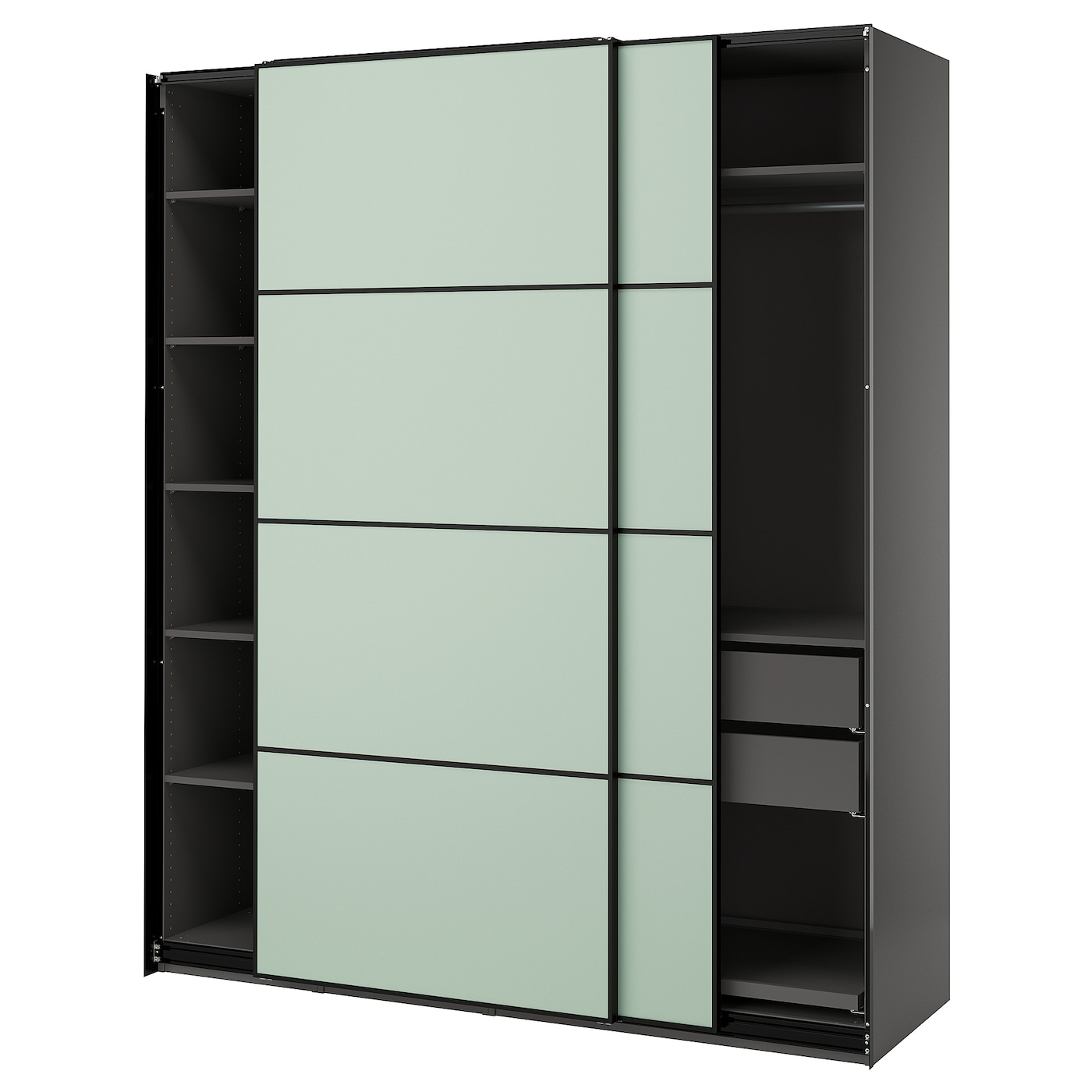 IKEA PAX / MEHAMN szafa z przesuwanymi drzwiami, ciemnoszary/2str jasnozielony, 200x66x236 cm