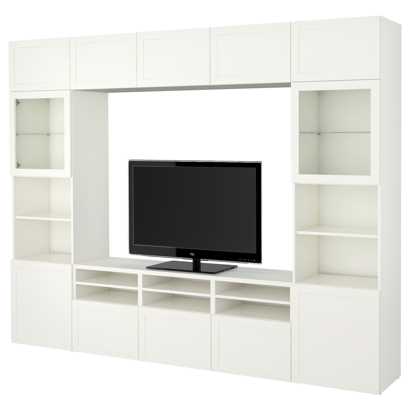 IKEA BESTÅ kombinacja na TV/szklane drzwi, biały/Hanviken białe szkło przezroczyste, 300x42x231 cm