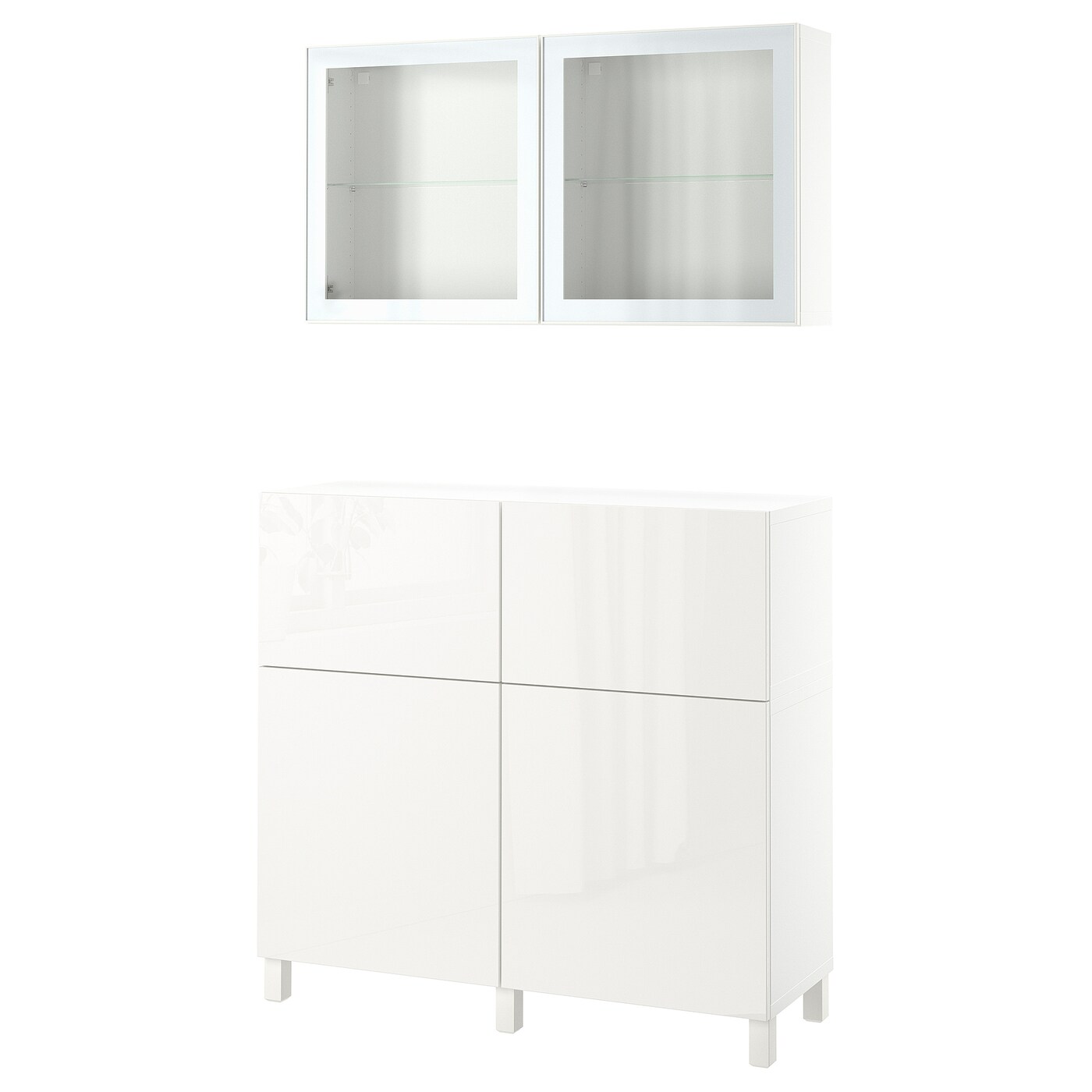 IKEA BESTÅ kombinacja regałowa z drzw/szuf, biały/Selsviken/Stubbarp wysoki połysk biały szkło bezbarwne, 120x42x213 cm