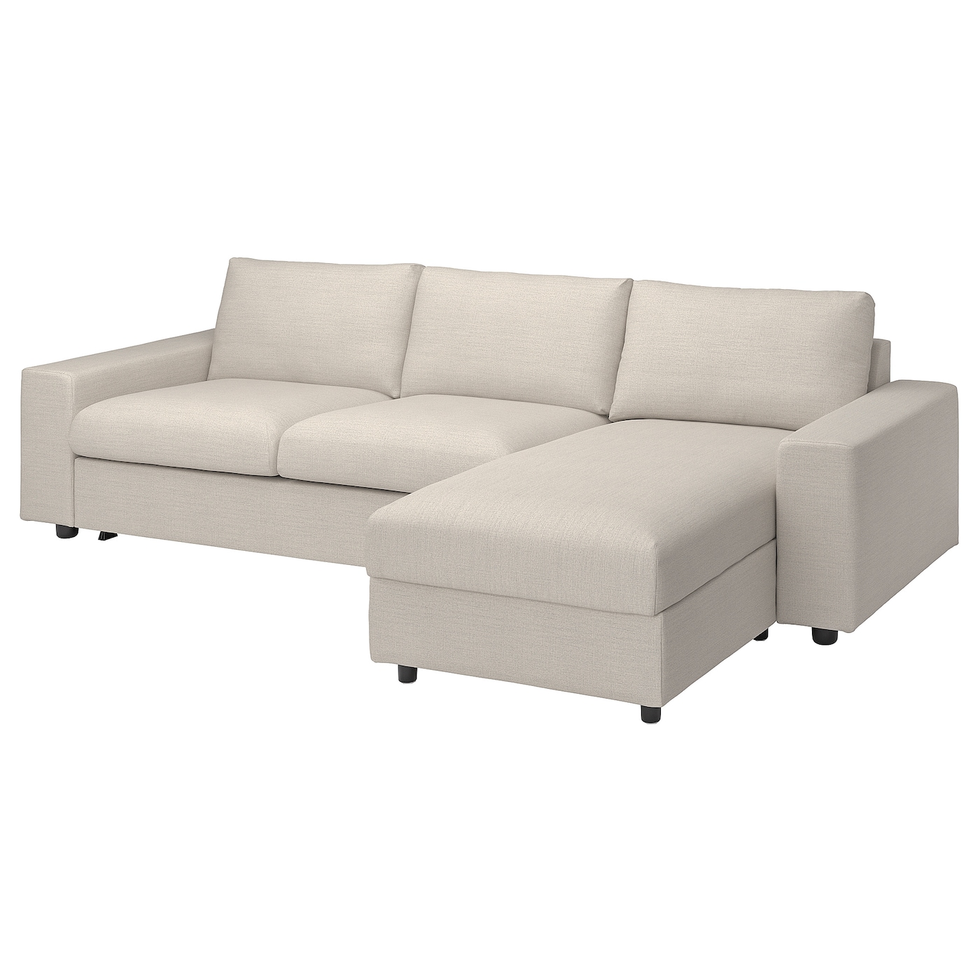 IKEA VIMLE 3-os sofa rozkładana z szezlongiem, z szerokimi podłokietnikami/Gunnared beżowy, Wysokość łóżka: 53 cm
