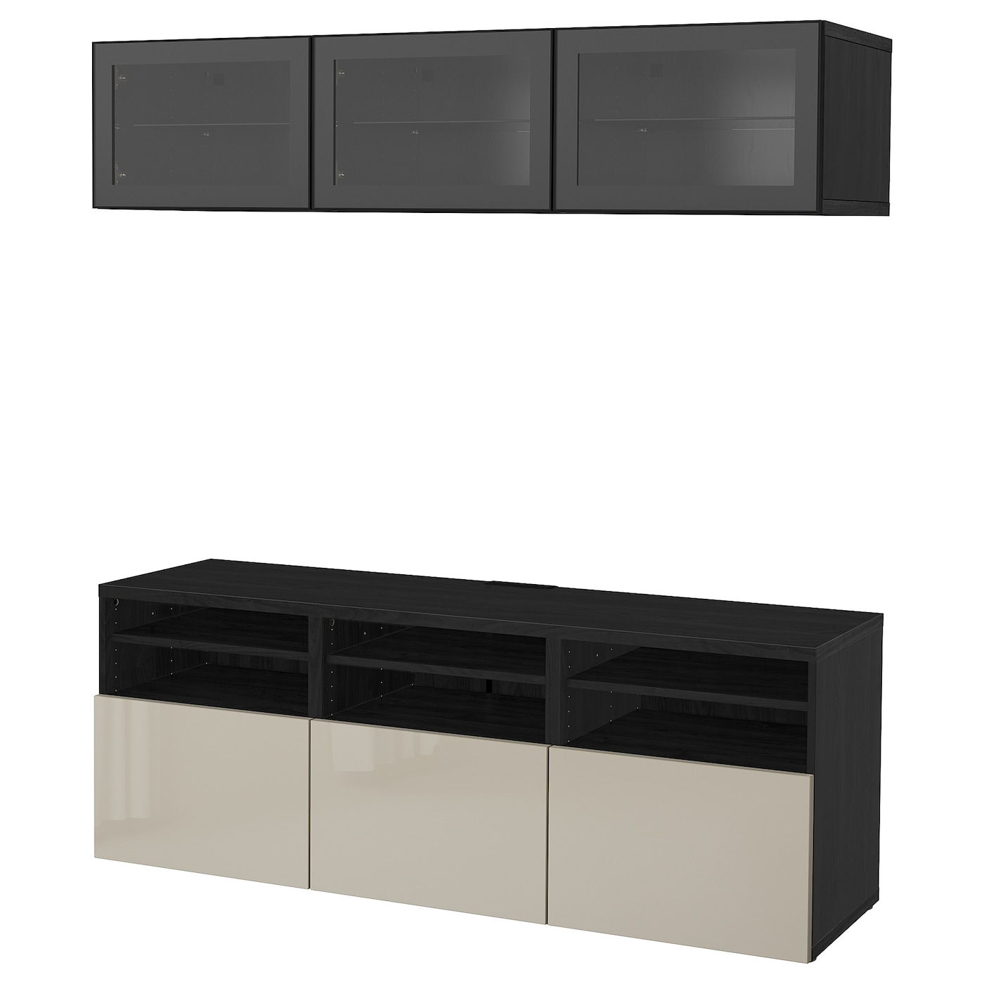 IKEA BESTÅ kombinacja na TV/szklane drzwi, czarnybrąz/Selsviken wysoki połysk/ beż szkło bezbarwne, 180x42x192 cm