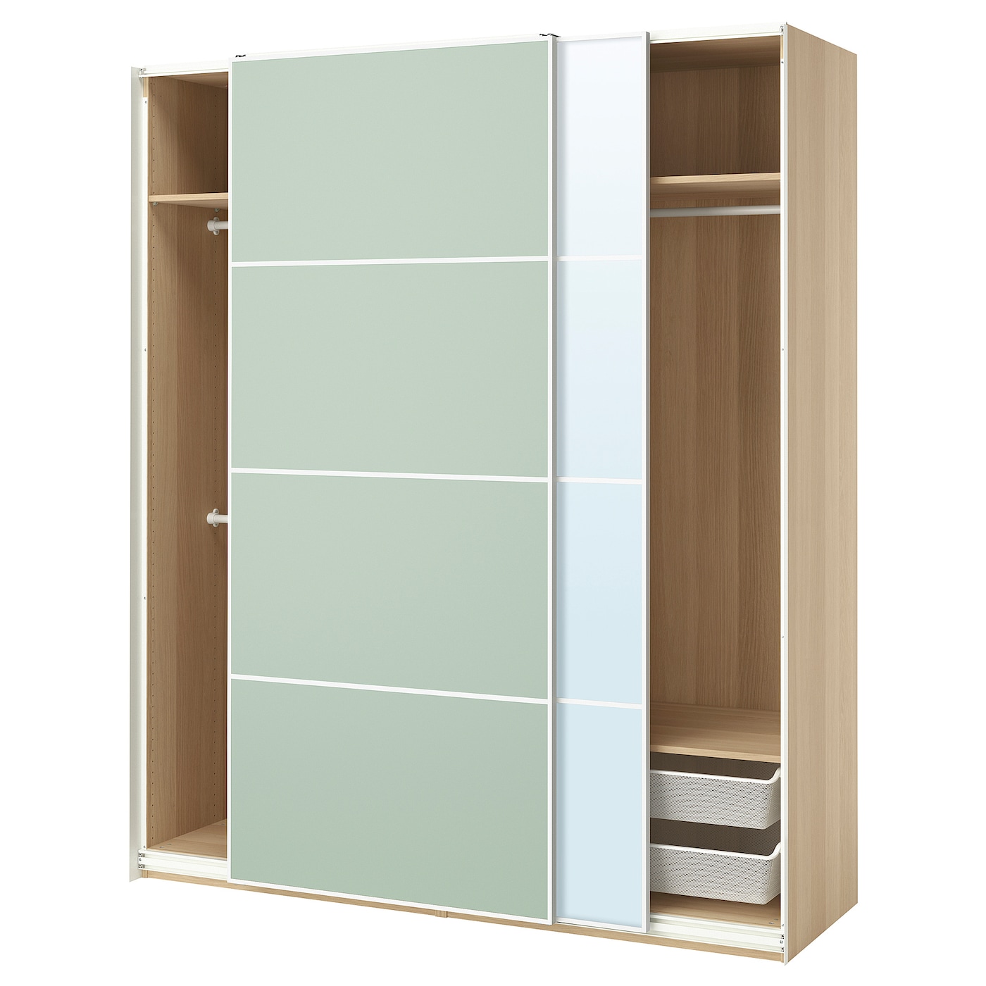 IKEA PAX / MEHAMN/AULI szafa z przesuwanymi drzwiami, imitacja dębu bejcowanego na biało 2str/jasnozielony lustro, 200x66x236 cm