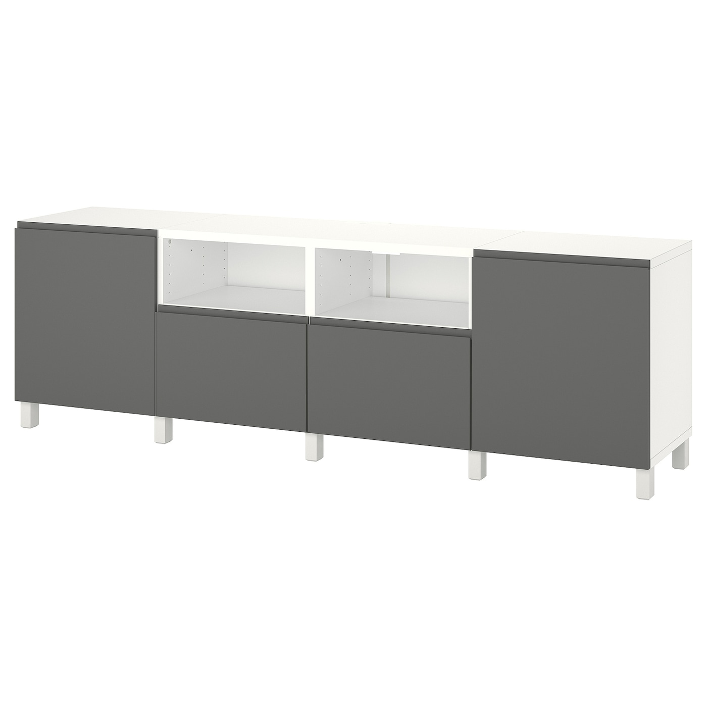 IKEA BESTÅ ława TV z drzwiami i szufladami, biały/Västerviken ciemnoszary, 240x42x74 cm