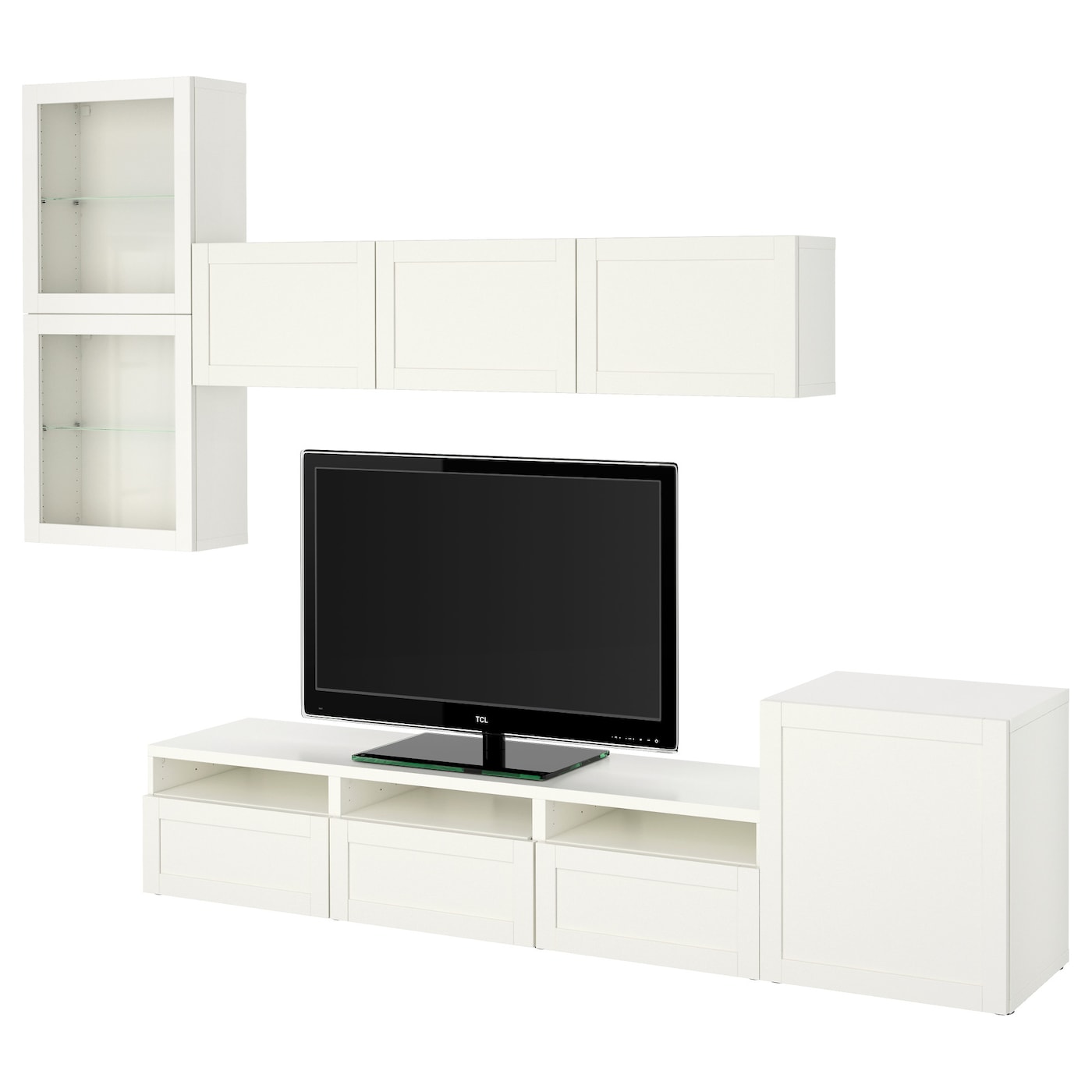 IKEA BESTÅ kombinacja na TV/szklane drzwi, biały/Hanviken białe szkło przezroczyste, 300x42x211 cm