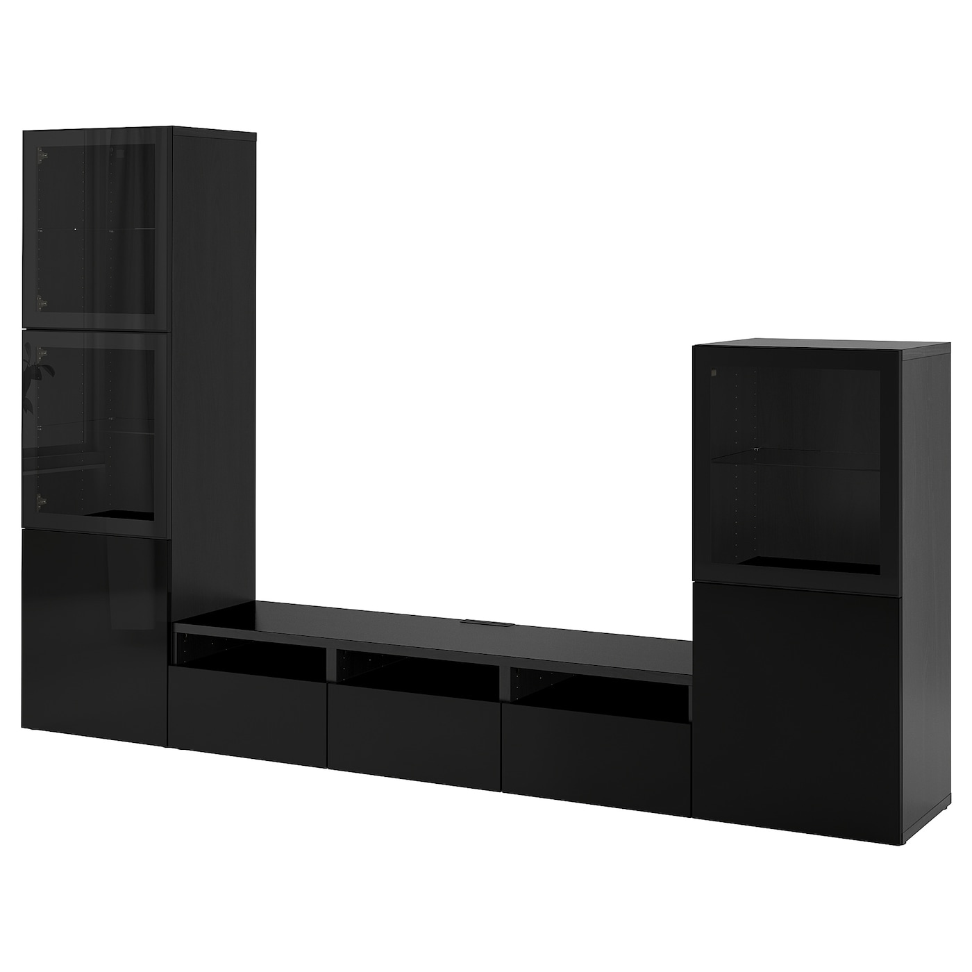 IKEA BESTÅ kombinacja na TV/szklane drzwi, czarnybrąz/Selsviken połysk/czarne przezroczyste szkło, 300x42x193 cm