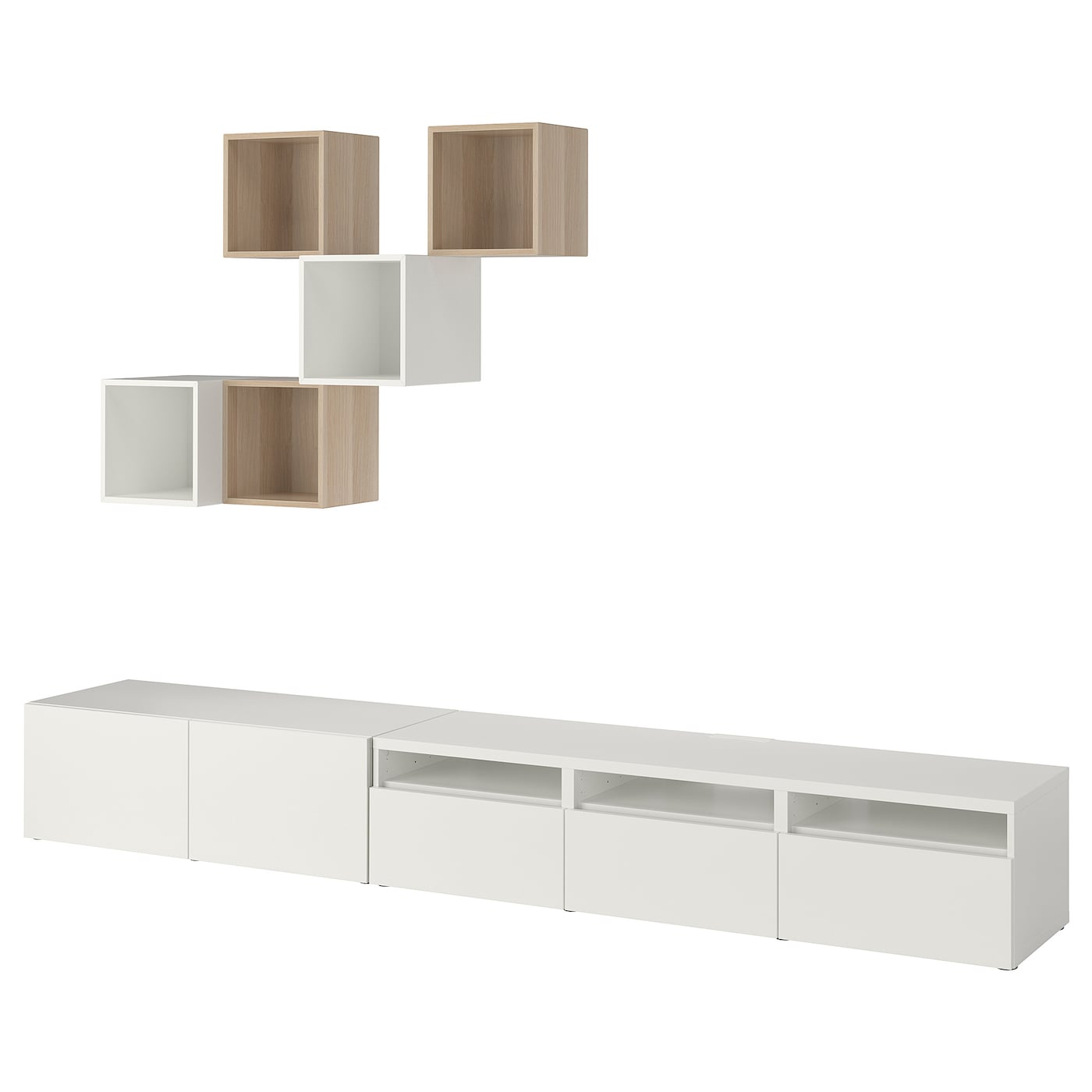 IKEA BESTÅ / EKET kombinacja szafek pod TV, biały/imitacja dębu bejcowanego na biało, 300x42x210 cm