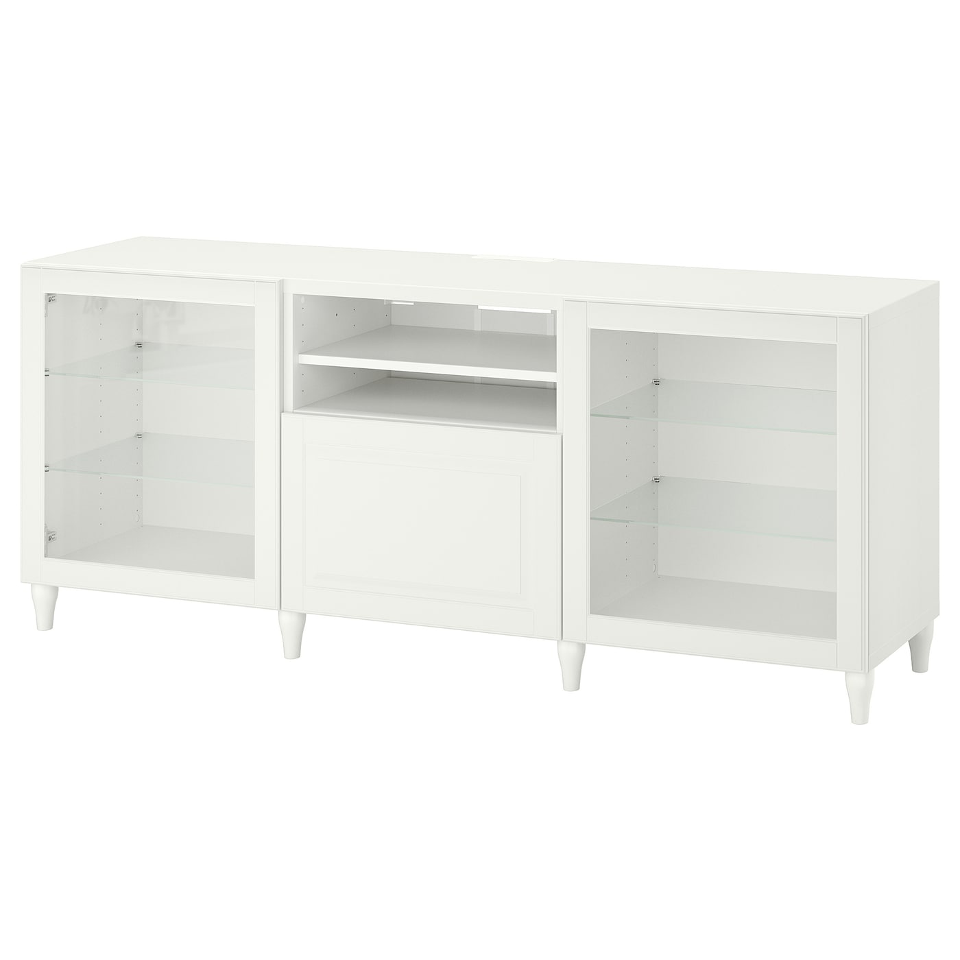 IKEA BESTÅ ława TV z szufladami, biały/Smeviken/Kabbarp białe szkło przezroczyste, 180x42x74 cm